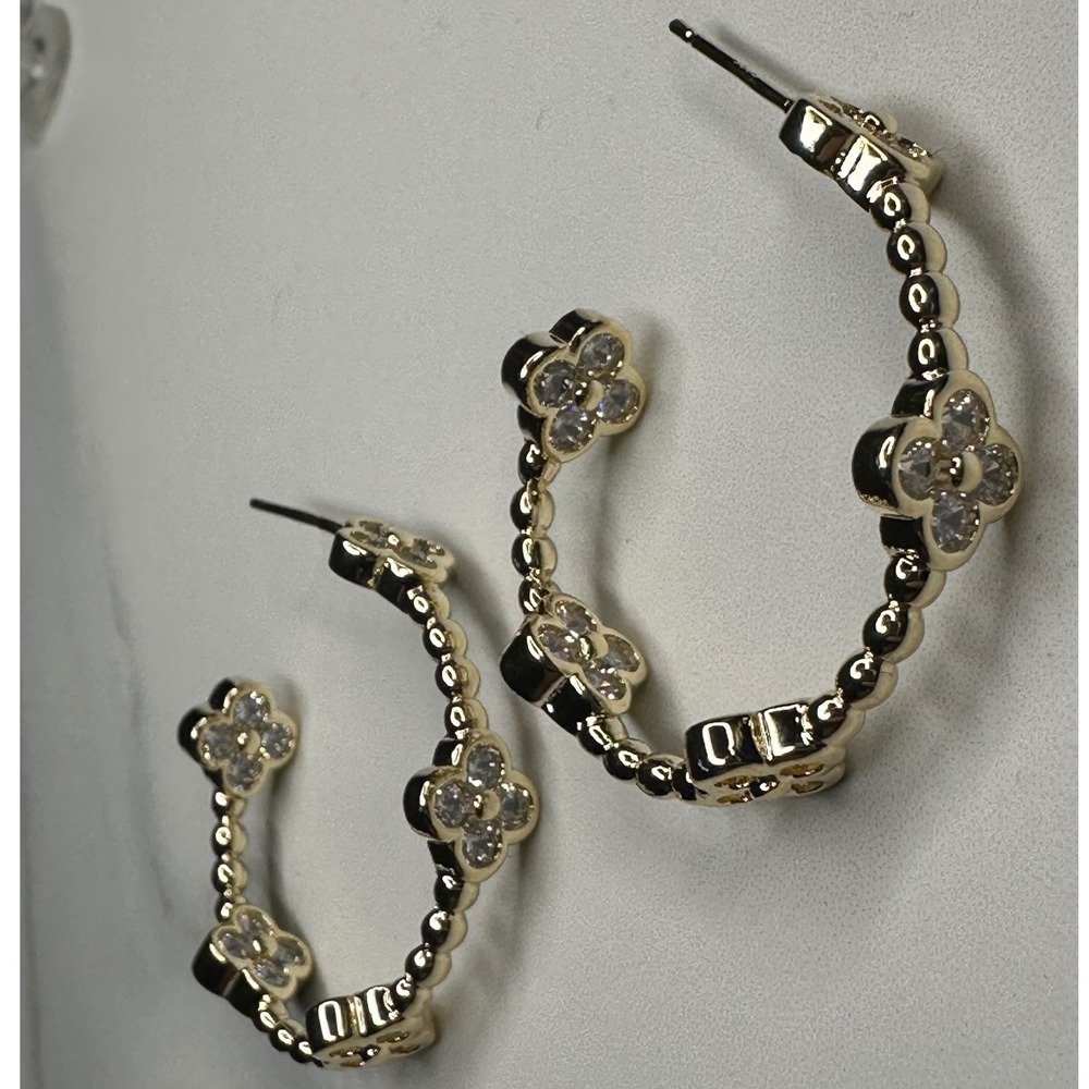 Gold Quatrefoil Clover Beaded Hoop Earrings Cubic Zirconia Accents Post Back